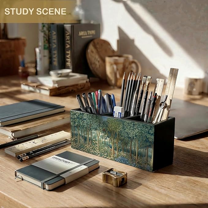 Rustic Green Nature Forest William Morris Inspired Wooden Pencil Pen Holder for Desk Organizers and Accessories, Cottagecore Forest Botanical Wildflower Makeup Brush Holder Organizer