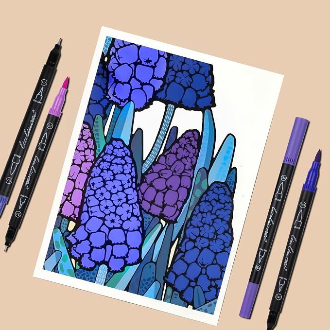 LIULIUCAI 10 Purple Dual Marker, Fine & Brush Tip Pen for Adult Coloring | Violet Marker Pen, Royal Purple Markers for Galaxies, Lavender, Fantasy Art, Outlining Illustration, Mystical Designs