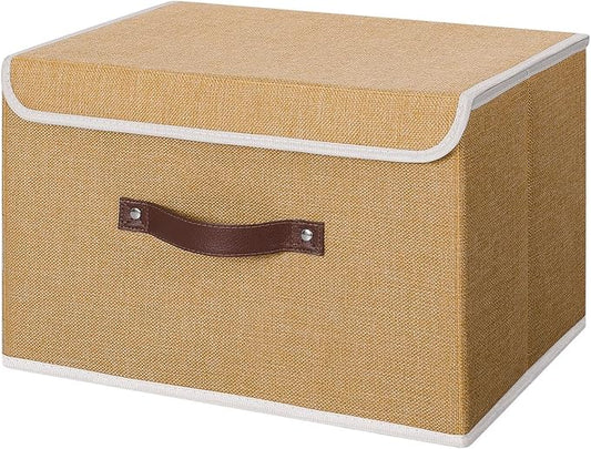 ANMINY Storage Bin with Lid Storage Boxes with PU Leather Handles PP Plastic Board Decorative Foldable Lidded Cotton Linen Fabric Home Cubes Baskets Closet Organizer Container - Khaki, Large Size