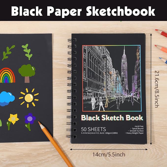 160gsm Black Paper Sketchbook 5.5 x 8.5 in, 50 Acid-Free Drawing Paper | Heavyweight black paper, finely textured, tears cleanly, lays flat, for pencils, chalk, metallic markers