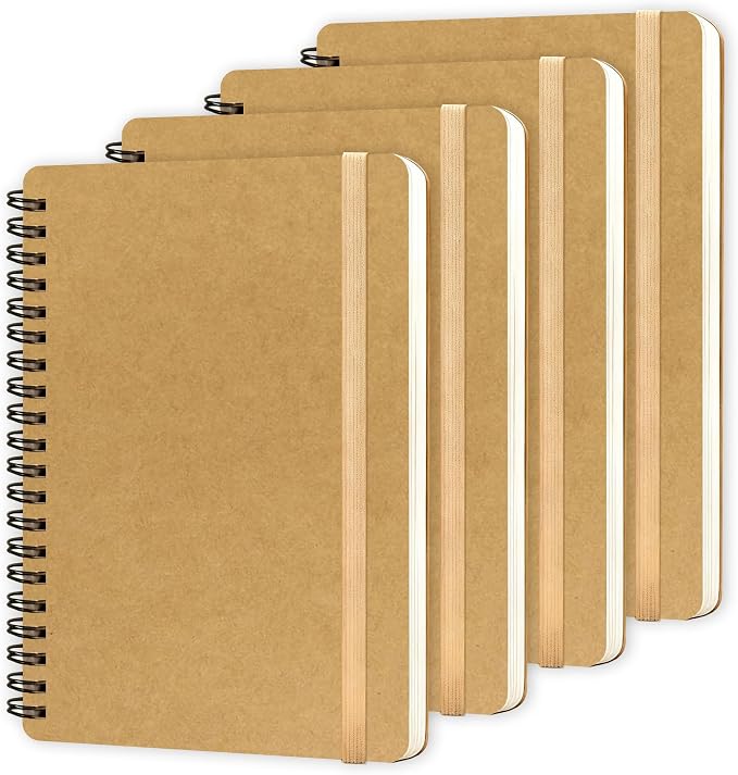 4 PCS Spiral Notebook, Spiral Journal Notebook, Notebooks for Work, Note Taking, School, Small Notebooks with Strap, Cute Notebooks for Women (Khaki)