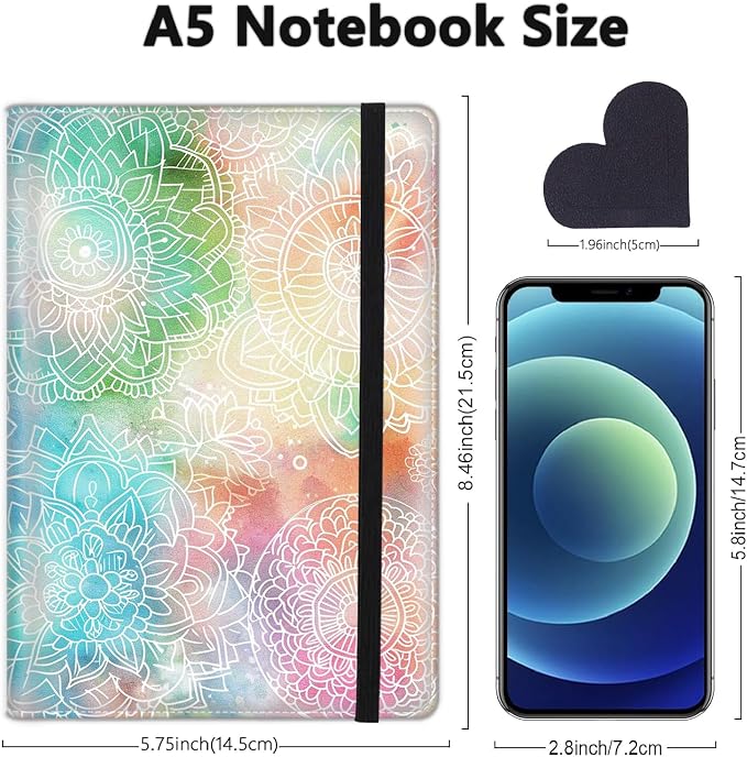 A5 Leather Lined Journal Notebook, 200 Pages Hardcover Executive Notebook for Men Women Office School Note Taking, Thick Writing Paper Daily Journal with Bookmarks/Indexes, Colorful Mandala