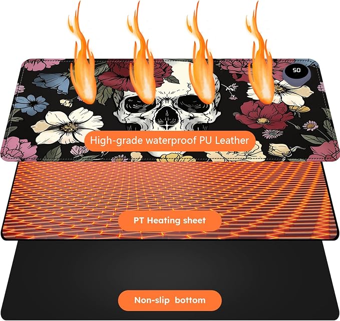 Heated Mouse Pad with 3 Levels Heated & 3 Hours Auto Shut-Off Mouse Pad for Warming Hands in Office Home, 23.6" x 14.2"Large Safe Desk Mat Hand Warmer，Sugar Flowers Skull Skeleton