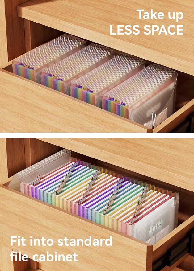 ABC life 26 Pockets Accordion File Organizer, Expanding File Folder, Portable Monthly Paper Bill Tax Receipt Organizer, Letter A4 Size Document Organizer with Labels - Pink