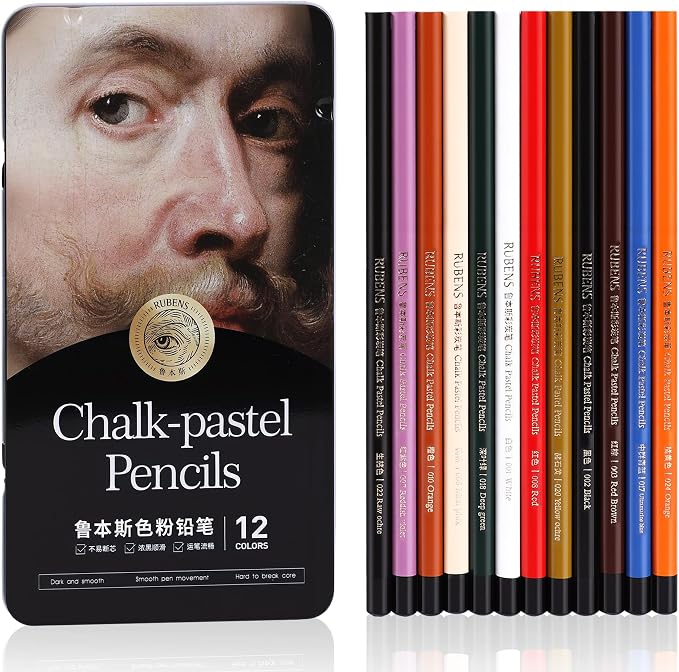 rubens Pastel Pencils, 12 Colors Soft Chalk Pastel Pencils Set for Artists, 4mm Core Chalk Colored Pencils in A Metal Tin, Blendable Chalks Pencils for Drawing, Sketching, Blending & Shading(Series A)