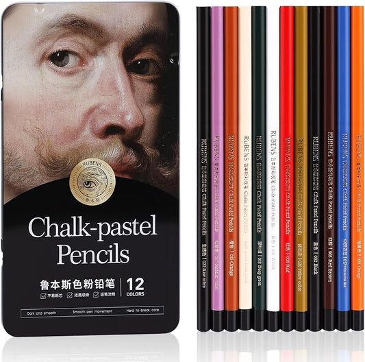 rubens Pastel Pencils, 12 Colors Soft Chalk Pastel Pencils Set for Artists, 4mm Core Chalk Colored Pencils in A Metal Tin, Blendable Chalks Pencils for Drawing, Sketching, Blending & Shading(Series A)
