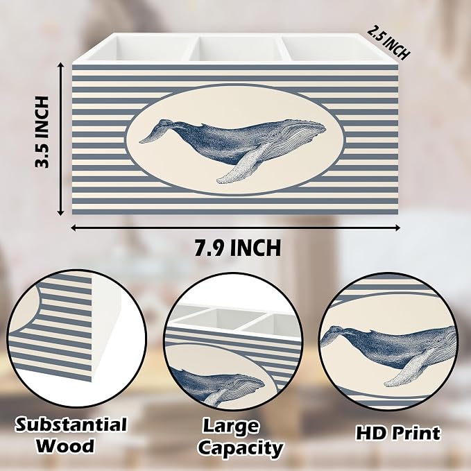 Coastal Beach Whale Pen Pencil Holder Organizer for Desk, Beach Office Decor, Blue Striped Marine Biology Ocean Wooden Box Signs Decorations for Home Office Desk Tabletop, Whale Gifts