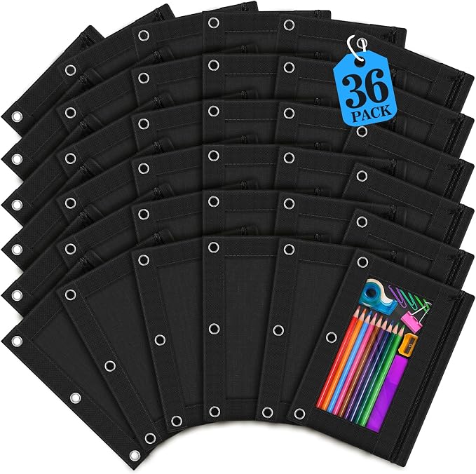 36 Pack Pencil Pouch for 3 Ring Binder Pencil Bags with Zipper Clear Window | 3 Ring Binder Pencil Pouch Multi-Color Pencil Case Sturdy & Durable Pen Bag for Office College Classroom School Supplies