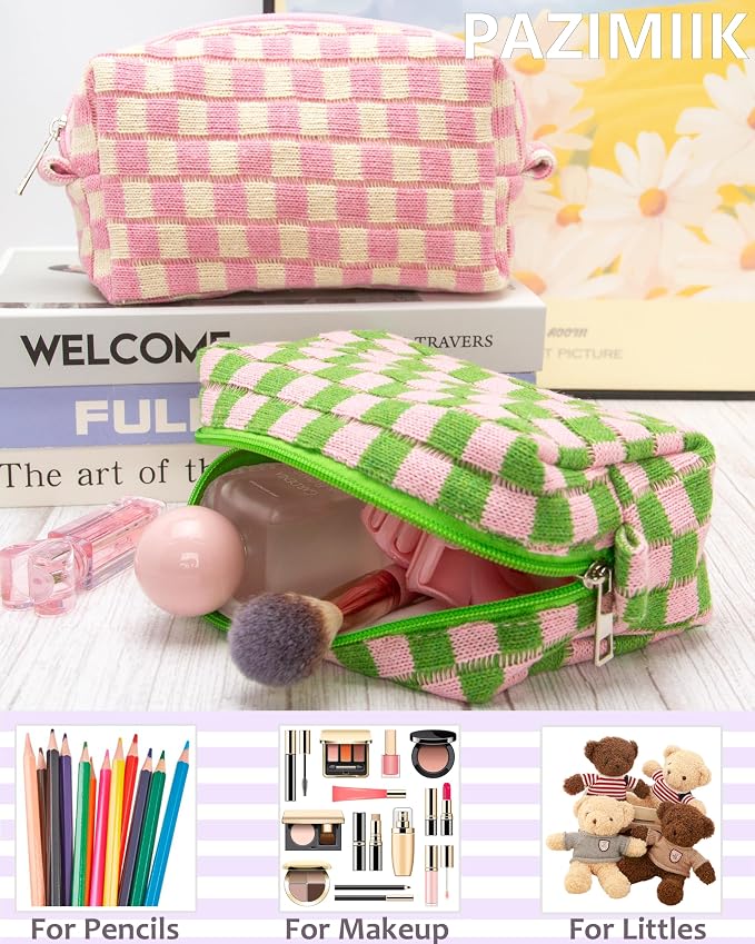Checkered Makeup Bag for Purse, Small Cosmetic Pouch,Pink Green,6 Pack | Cute Zipper Makeup Organizer for Women, Travel Essentials, Toiletries, Makeup Brushes, Beauty Accessories&Bridesmaid Gifts