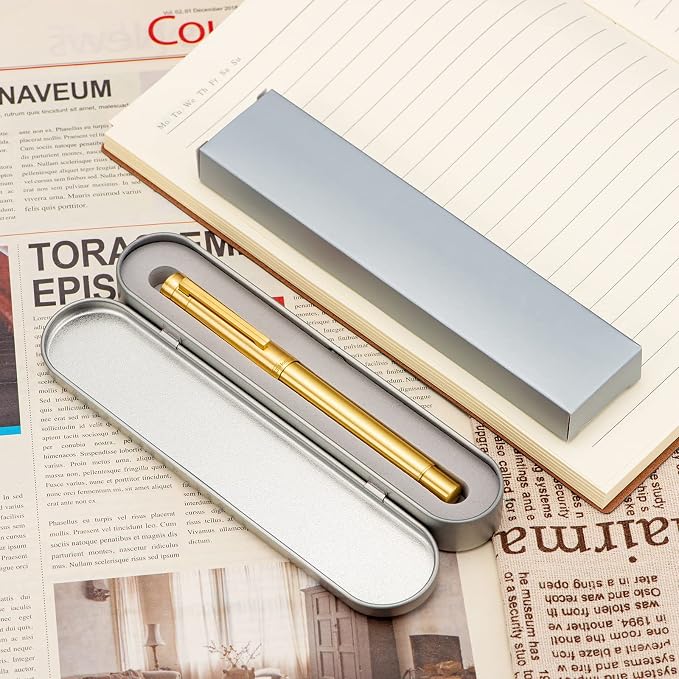 HONG DIAN 1861 Fountain Pen, Long Blade Nib, Raw Brass Design with Converter and Metal Pen Case Set