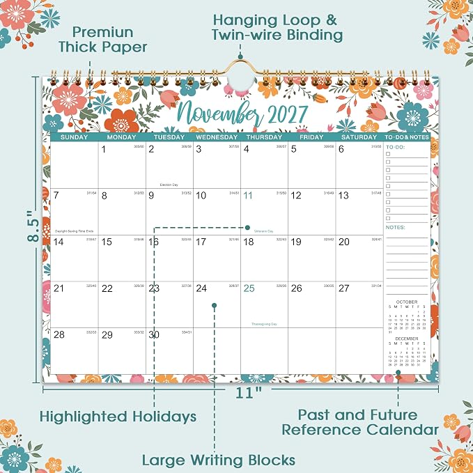 2027 Wall Calendar - 2027 Calendar, 12 Months Hanging Calendar 2027, Jan 2027 - Dec 2027, 11" x 8.5", Spiral Binding, Julian Dates, Large Block, Notes, To-do List, Thick Paper, Perfect for Organizing