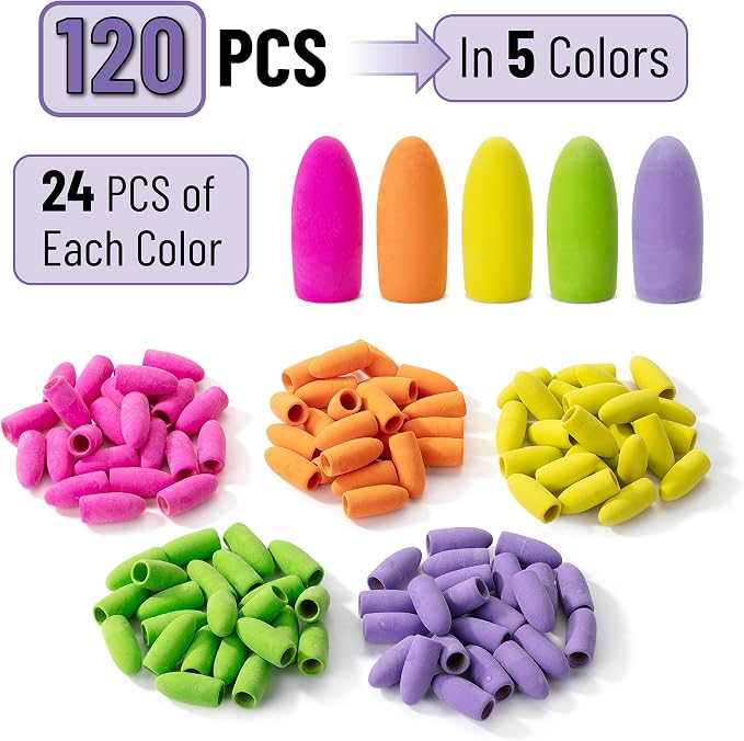 Mr. Pen- Pencil Top Erasers, 120 Pack, Vibrant Colors, Latex-Free | No-Smudge Cap Pencil Erasers for Precise Erasing, Kids, Teachers, Studying Supplies