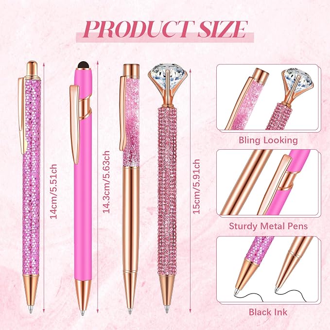 Sabary 8 Pcs Shiny Pink Pens with Pen Holder for Desk Glitter Crystal Diamond Cute Ballpoint Fancy Pencil Holder Bling Desk Organizer for Women Girls School Office Supplies Wedding Graduation Gifts