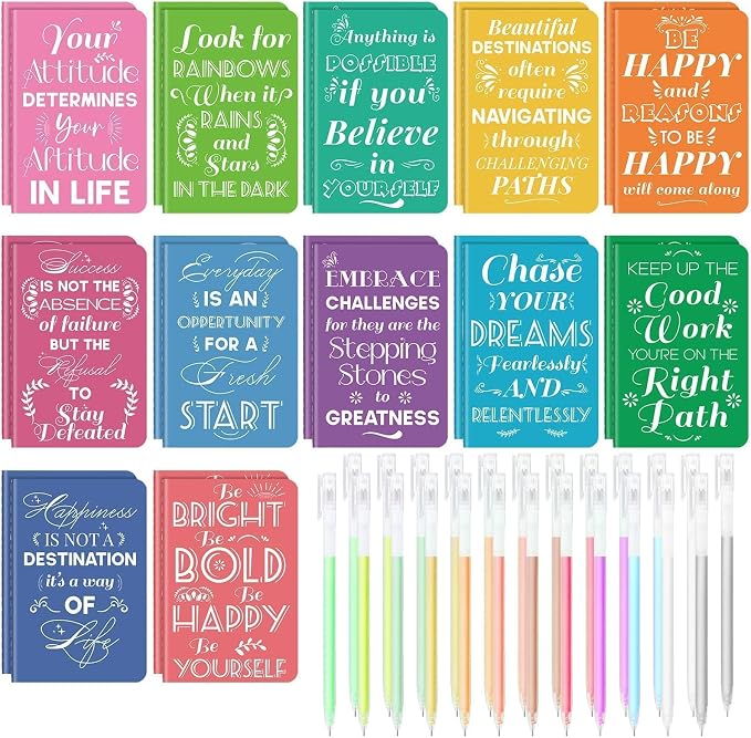 24 Pcs Mini Inspirational Notebooks Bulk with 24 Colorful Pens， 3.5"x5.5" | Small Pocket Journal Notepads Set, Motivational Bulk Gifts for Women Men Teacher Students Kids, End of School Year Gift Bulk