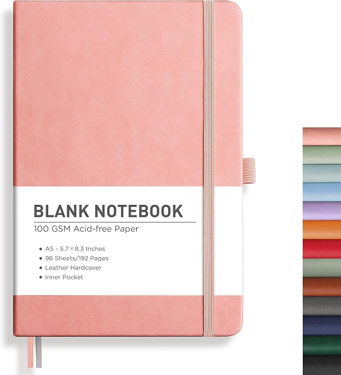 RETTACY Blank Journal Notebook, 192 Pages, A5 Medium Size (5.7'' x 8.3'') | Leather Hardcover, 100 GSM Thick Paper, for Sketching, Drawing, Painting (Pink)