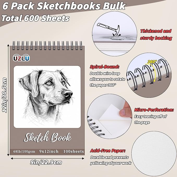 6 Pcs Sketchbook Bulk 9 x 12 In 600 Sheets Top Spiral Bound Sketch Pad Drawing Paper 100 Sheets Each Acid Free Mixed Media Sketch Book 68lb/100gsm Art Supplies for Beginner Artist