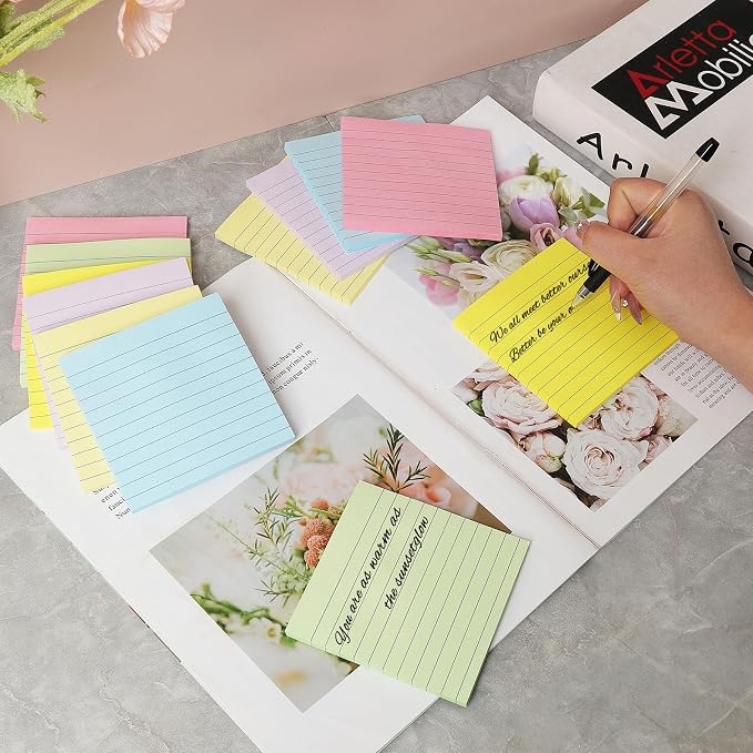 (12 Pack) Lined Sticky Notes 4x4 in, Pastel Colors Self Sticky Notes Pad Its Super Sticking Power Memo Pads, 4x4 Large Square Sticky Notes for Office, Home, School, Meeting