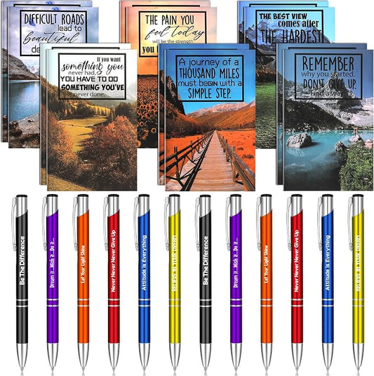 Geyee 24 Pcs Mini Motivational Pens Inspirational Notepads Bulk Appreciation Gifts Small Journals Funny Ballpoint Pen Set Prizes Men Women Office Travel Party Favors(Scenery)