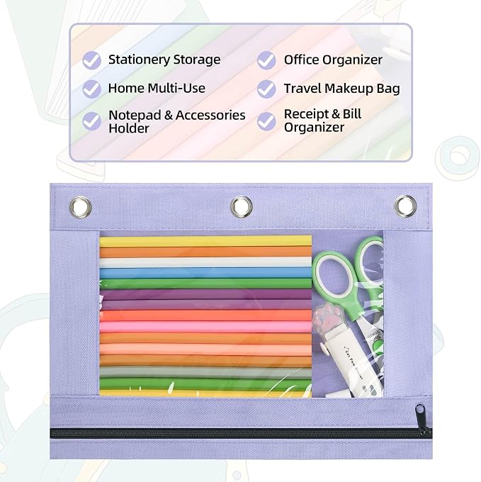 Lanpn Pencil Pouch for 3 Ring Binder 6 Pack, Purple Binder Pen Bags with Zipper, Cute 3 Holes Pencil Pouches Organizer for Boy Girl Kids School Student, Reinforced Grommets & Clear Window