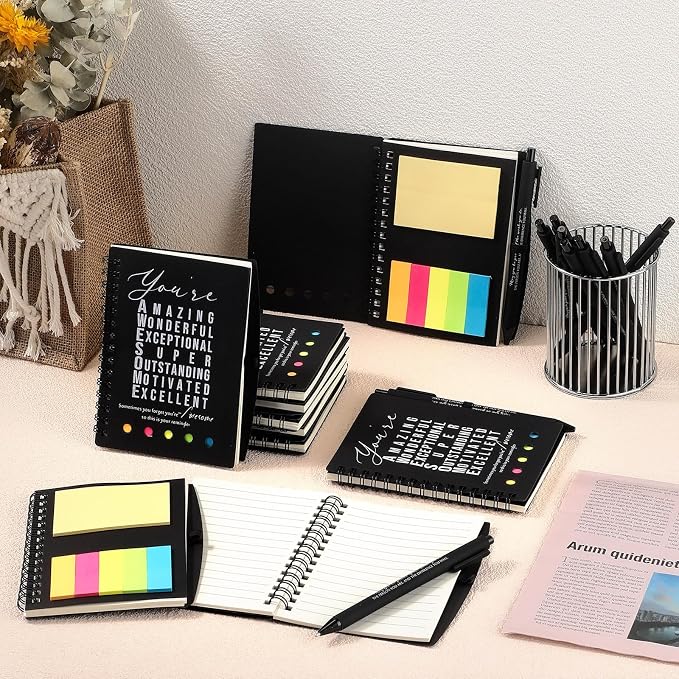 Jetec 20 Pcs/10 Sets Back to School Teacher Gifts Motivational Spiral Notebook with Sticky Notes Pen Bulk Inspirational Journals Thank You Gift for Employee Coworker Birthday Party (Black)