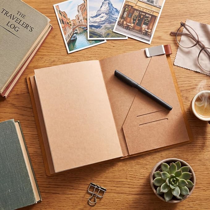 Thenshop Travelers Refillable Leather Journal Notebook Travel Diary Handmade Passport Travelers Journal for Men and Women with 3 Notebook Inserts, Pen Holder, Binder Clip(Orange,A5 Size)