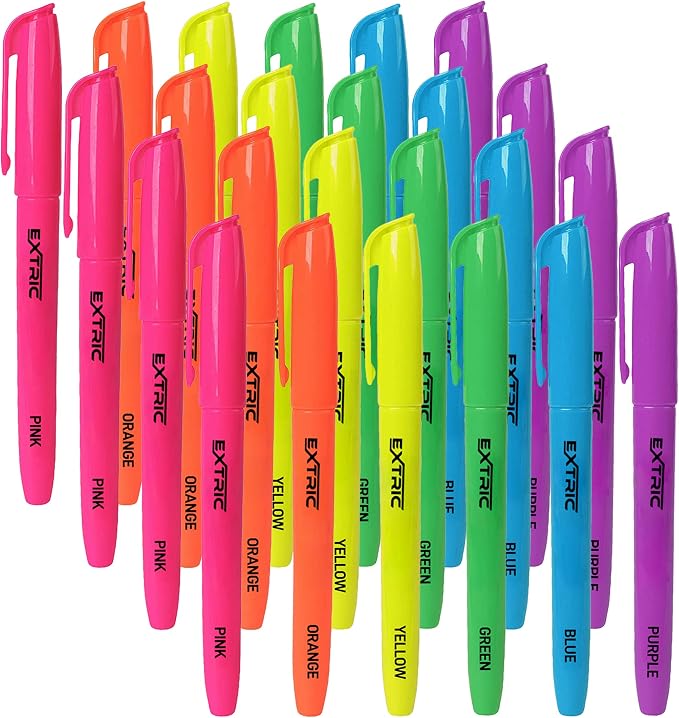 EXTRIC 24 Pack Highlighters, 6 Assorted Colors Fluorescent, Quick Dry, Pen Style Chisel Tip highlighter marker, Smudge Free, Pocket Size