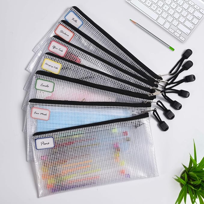 6PCS Mesh Zipper Pouch Bags: A6 Clear Zipper Pouches for Classroom, Black | 9.25×4.25 Inch Plastic Mesh Bag Document Pouch, Waterproof Organizing Pouch for for School Office Supplie, Travel Storage