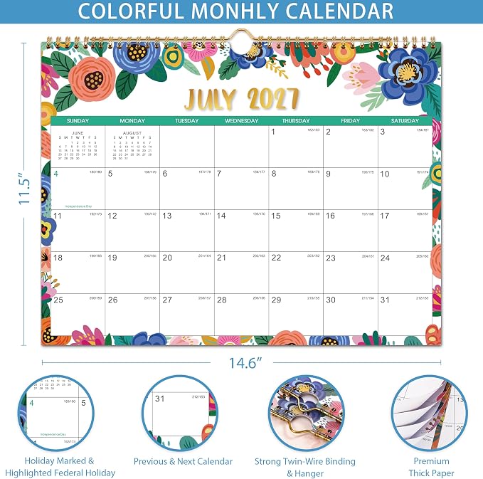 2027 Calendar - 2027 Wall Calendar, JAN 2027 - DEC 2027, 14.6" x 11.5", 2027 Wall Calendar 12 Month with Hanging Hook, for School, Home, Office Organization