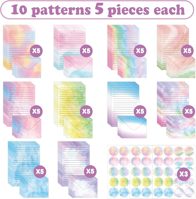 Stationery Paper Envelopes Set 160 Pcs - 50 Lined Writing Paper, 50 Envelopes, 60 Dot Stickers, Vintage/Floral/Leaf/Watercolor Multi-Style Options (STATIONERY-160PCS-WATERCOLOR)