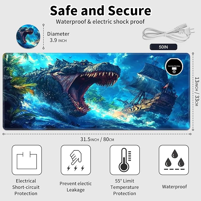 Warm Desk Pad,Heated Desk Pad,Office Mat,3 Heating Levels & 3 Hours Auto Shut-Off,31.5"*13" Gaming Mouse Laptop Keyboard Leather Desk Mat,Blue Dinosaur Ocean