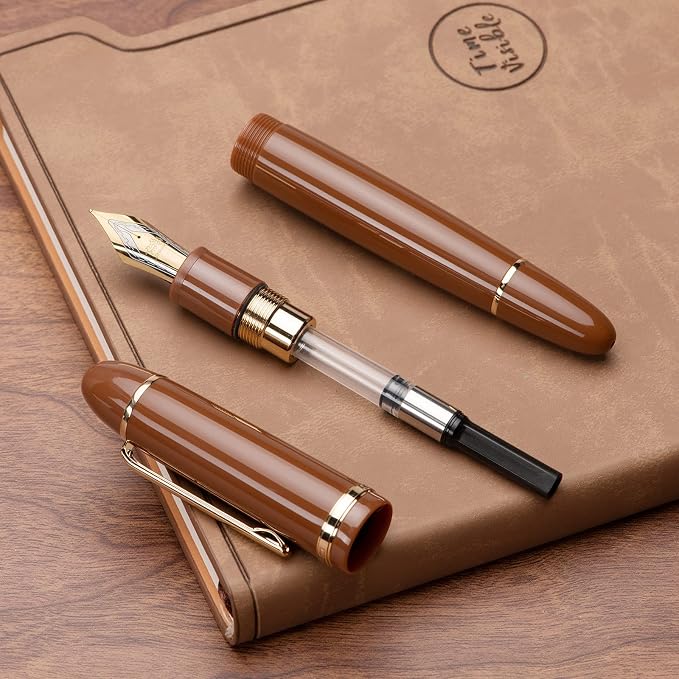 Jinhao X159 Brown Acrylic Fountain Pen, Size 8 Extra Fine Nib Gold Trim Classic Design Smooth Writing Pen with Converter