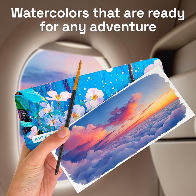 ARTISTRO 100 Color Watercolor Paint Set - Portable Paint Art Kit in Blue Floral Metal Case with Palette and Brush Pens - Travel Water Color Set for Adults, Professionals and Amateurs