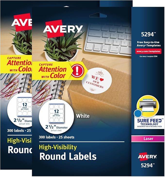 Avery High Visibility Printable Round Labels with Sure Feed, 2.5" Diameter, White, Laser Printer, 300 per Pack, 10 Packs, 600 Customizable Blank Labels Total (45294)