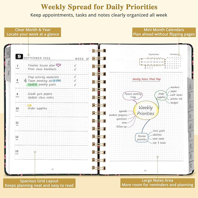 JoyCat Academic Planner 2026-2027, A5 Weekly & Monthly, Midnight Garden | July 2026-June 2027 A5 planner combines weekly and monthly layouts, tabs, grid notes and sticker sheets.