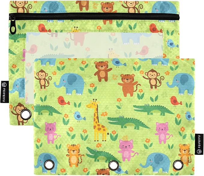 Emelivor Cartoon Animals Green Pencil Pouch for 3 Ring Binder 2 Pack Binder Pencil Case with Clear Window Pencils Bags with Zipper for Office Daily College Home Supplies