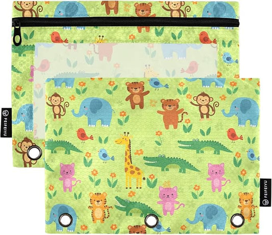 Emelivor Cartoon Animals Green Pencil Pouch for 3 Ring Binder 2 Pack Binder Pencil Case with Clear Window Pencils Bags with Zipper for Office Daily College Home Supplies