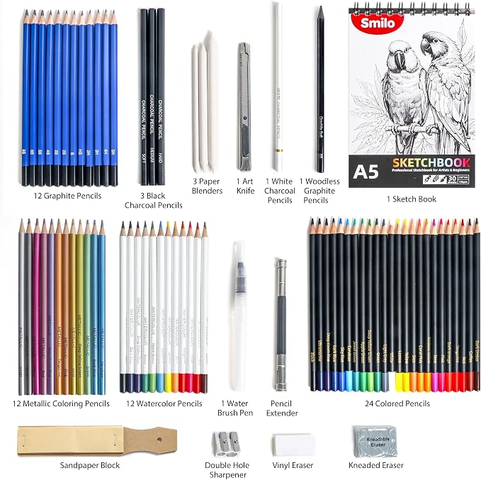 Smilo 76-Piece Art Supplies Sketching Kit with Sketchbook and Travel Case | Graphite Charcoal Watercolor Metallic and Woodless Pencils, Art Knife, Sandpaper Block, Drawing Set for Adults and Beginners