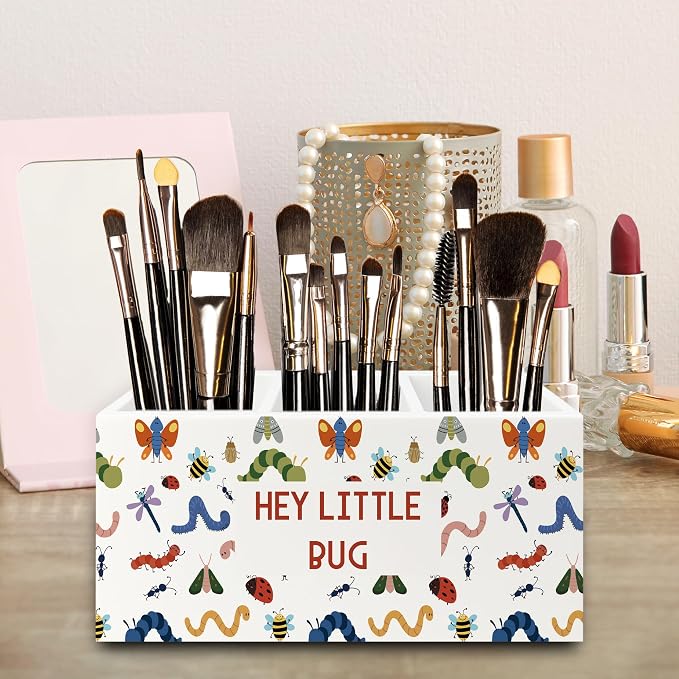 Bug Insect Kids Classroom Pen Pencil Holder Organizer for Desk, Hey Little Bug Wooden Box Signs Decorations for Kids Boys Girls Room Bedroom Playroom Desk Tabletop, Insect Gifts