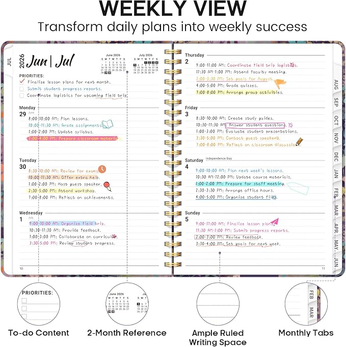 Academic Planner 2026-2027, Weekly and Monthly Calendar Book, July 2026 – June 2027, Hardcover Planner with Tabs, Perfect for Teachers, Students, Women & Men, A5 (6.4" x 8.5") - Lavendar Floral