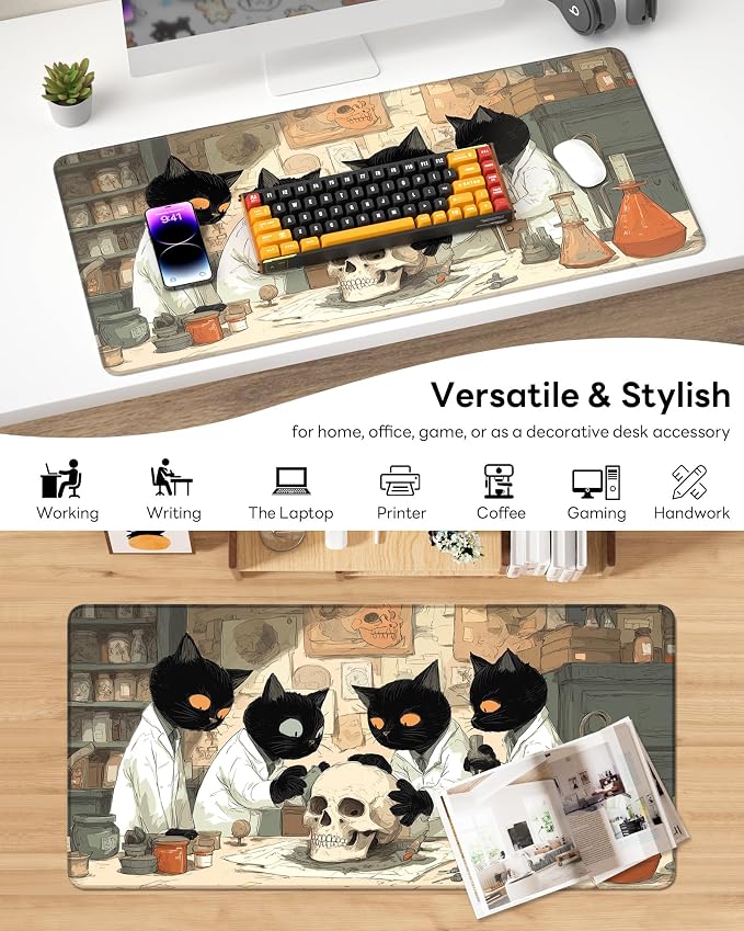 XL Gaming Mouse Pad, 31.5x15.7'' Large Desk Mat with Anti-Slip Rubber Base & Stitched Edges for Gaming, Office, Home, Professor Cat