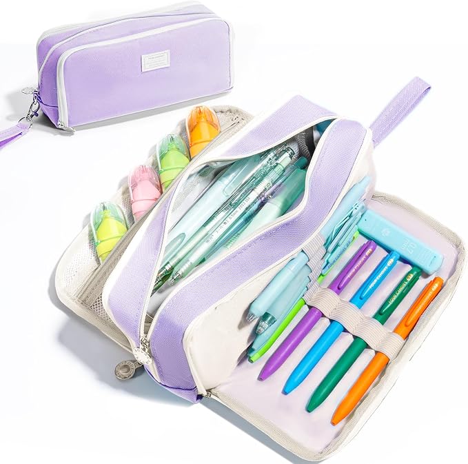 Four Candies Puple Pencil Case 3 Compartment Pouch, Large Pencil Case for School, Girls, Teen Boys, Women, Puple, Removable Handle & Zipper, Cute Pencil Bag for Office, College
