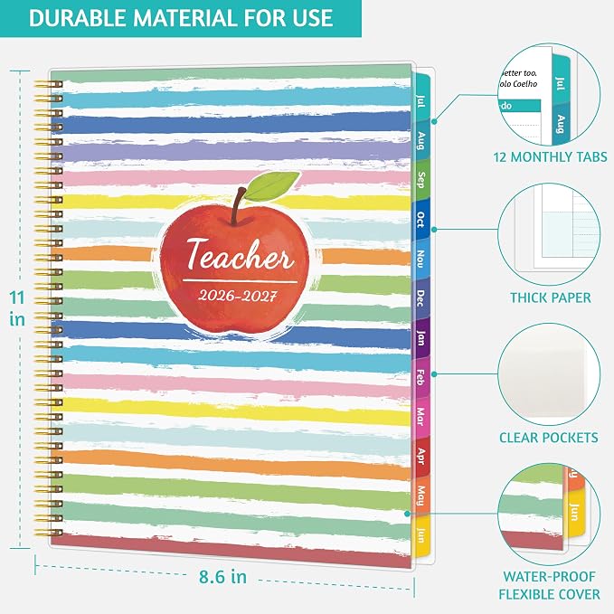 GoiUnlt Teacher Planner 2026-2027, JUL. 2026 – JUN. 2027, Lesson Planner 2026-2027 Academic Year, with Tabs, Thick Paper, 2-Sided Pocket, 8.6″ x 11″ Daily Weekly and Monthly Calendar with 8 Periods