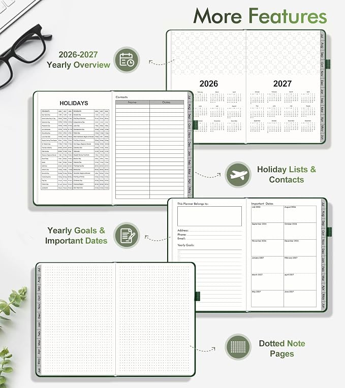 Planner 2026-2027, Academic Weekly and Monthly Calendar Planner from July 2026 - June 2027, Hardcover Leather Daily Agenda Book with Tabs, College School Organizer for Student Teacher, A5 (5.75" x 8.38"), Green