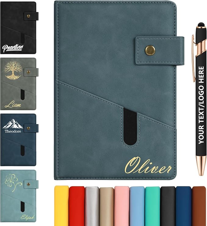 ENOMY Personalized Notebook & 10 PC Pens Set A5 Notebook with Ribbon Bookmark PU Leather Custom Notebook Cover for College Graduation Birthday Business Gifts, Gray Blue