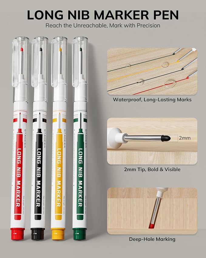 STAGEEK 4PCS Mechanical Carpenter Pencil Set, Deep Hole, Woodworking | 52 Refills, 4PCS Long Nib Marker Pens, Built-in Sharpener, Storage Case for Architect Heavy Duty Construction Marking