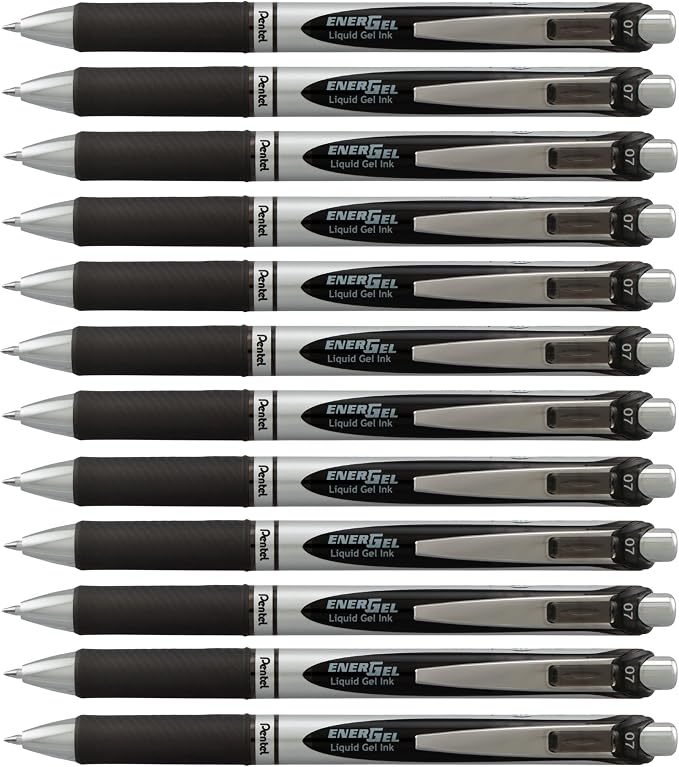 Pentel EnerGel RTX Retractable Liquid Gel Pen, (0.7mm) Medium Line, Metal Tip, Black Ink, Box of 12 (BL77-A)