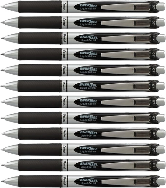 Pentel EnerGel RTX Retractable Liquid Gel Pen, (0.7mm) Medium Line, Metal Tip, Black Ink, Box of 12 (BL77-A)
