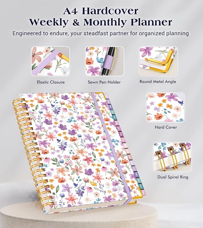 Academic Planner 2026-2027, 18 Months Weekly and Monthly Hardcover Planner, July 2026 - December 2027, 8.5" x 11" A4 Large Daily Calendar Planner Book with Tabs, Spiral College School Agenda Organizer for Student Teacher, Floral Purple