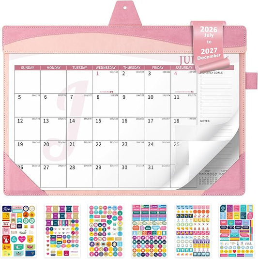 Ospelelf Desk Calendar 2026-2027 Large 12"x17" Leather Monthly Planner Pad with Protective Cover 18 Months Use July 2026 to December 2027 Pink