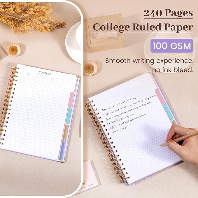 Hardcover Spiral Notebook with Tabs 8"x10" Large Spiral Lined Journals for Women with Dividers 240 Pages College Ruled Composition Notebook 5 Subject Notebook for Work, Back to School, Gifts, Purple